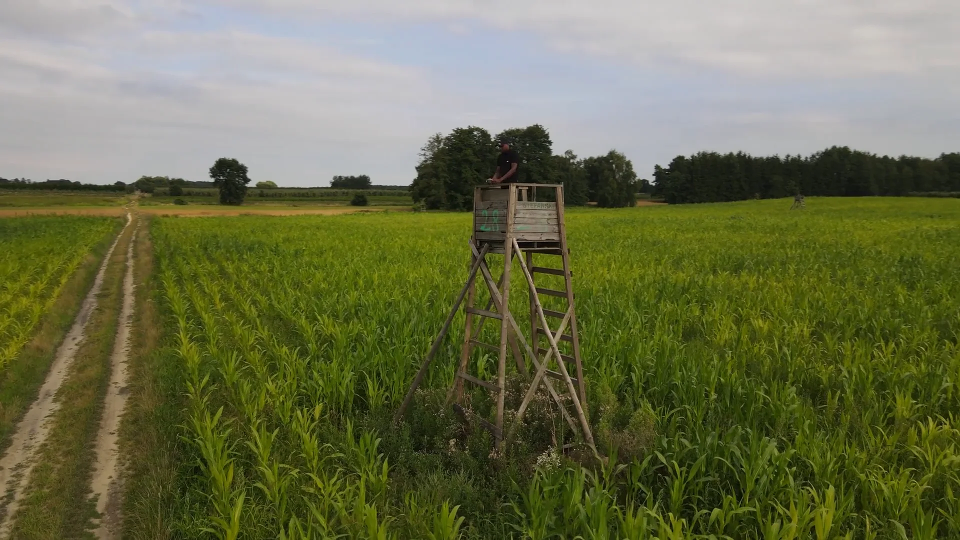 An aerial camera circles a raised wooden hunting blind with a distant person in a green agricultural field.